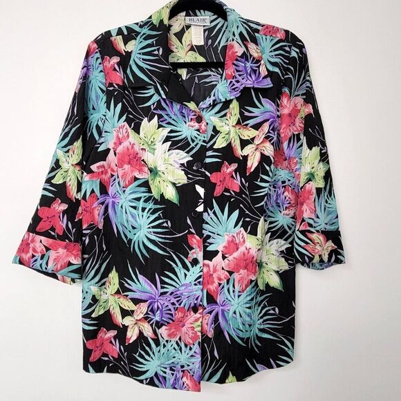 Blair Tops - Vintage 90s Blair Tropical Floral Gauzy Textured Button Front Hawaiian Shirt